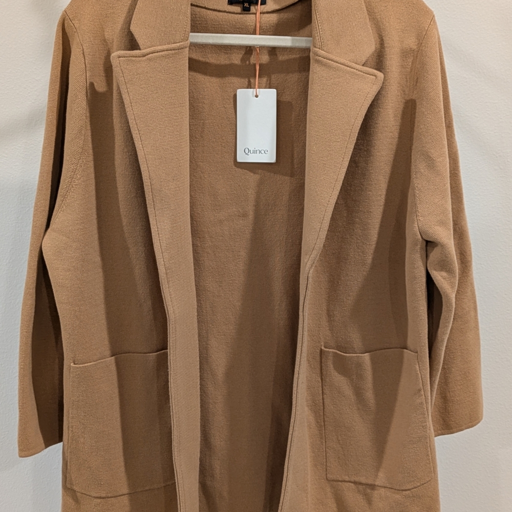 NWT Quince 100% Organic Cotton Women's Tan Open-Front Blazer